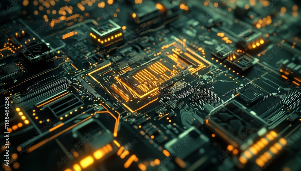 Poster Close-up of illuminated circuit board with central processor. (1)