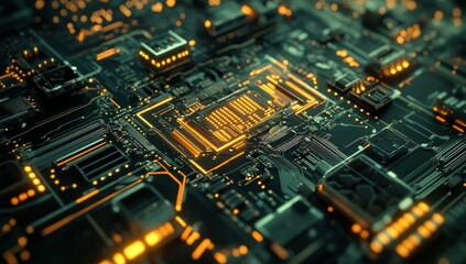 Close-up of illuminated circuit board with central processor. (1)