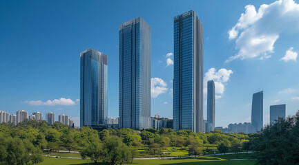 Fototapeta premium A vibrant cityscape with tall glass buildings and green parks, highlighting sustainable urban development.