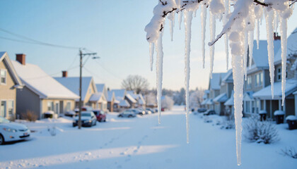 Snow-covered street with icicles hanging from trees
