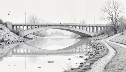 Obraz premium Black and white drawing of a bridge over a calm river