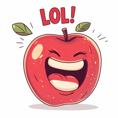 Obraz premium Happy red apple character laughing joyfully with leaves and the word LOL above. Generative AI