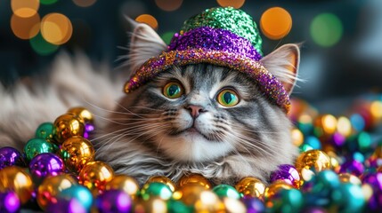 Cat Mardi Gras Fat Tuesday, Carnival Season. Bright Parades, Masks, Festive Costumes, Vibrant Atmosphere