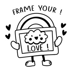 A glyph sticker of a cute frame character holding a picture of a smiling cloud with the text love