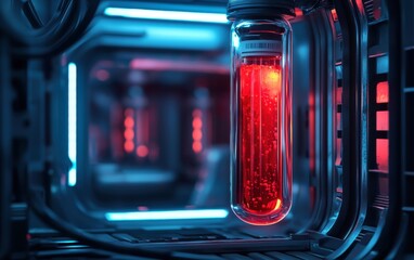 A glowing red vial of toxic liquid in a futuristic containment unit with alarm lights flashing