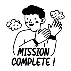A glyph sticker of a person clapping their hands with a smile, and the text mission complete 
