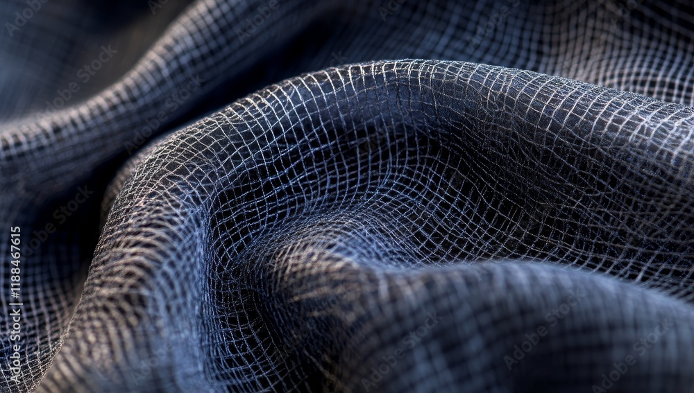 Poster close-up of textured blue fabric with draped folds and woven pattern.