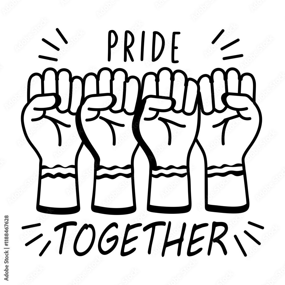 Poster Four raised fists with rainbow bracelets and text pride together, glyph sticker 