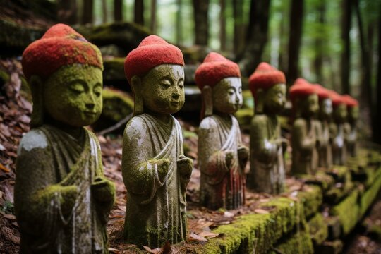Row of weathered jizo statues covered in moss and wearing red caps, creating a serene atmosphere in a japanese forest