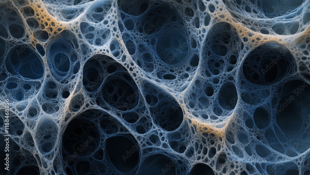 Poster Abstract 3D render of a complex network structure with interconnected nodes and cavities, resembling a sponge or foam.