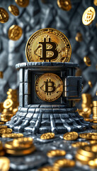 Fototapeta premium Abstract Bitcoin vault design: golden bitcoin metallic podium, stylized gold and silver coin textures to enhance the crypto theme, crypto currency, bitcoin hype, crypto trading