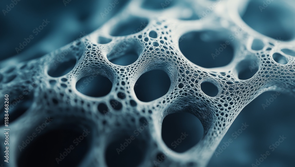 Poster abstract porous network structure, intricate 3d digital rendering, close-up view.