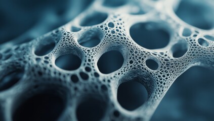 Abstract porous network structure, intricate 3D digital rendering, close-up view.