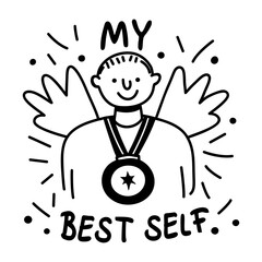 Smiling character wearing medal with text my best self, glyph sticker 