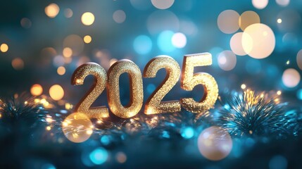 New Year Background with Golden 2025 Text on Blue Bokeh Lights, Festive Holiday Celebration Design, Glittering New Year Theme