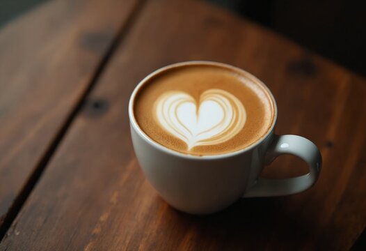 Heart latte art in ceramic mug on rustic wooden table for Valentine’s Day
