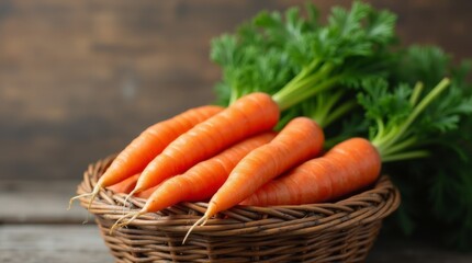 A charming basket filled with fresh, vibrant carrots, showcasing their rich orange color and green tops, set against a rustic wooden background, capturing the essence of farm-fresh produce and the joy