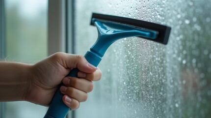 A close-up view of a hand holding a squeegee against a wet window, capturing the moment of cleaning and the droplets of water sliding down the glass, emphasizing the effectiveness of window washing.