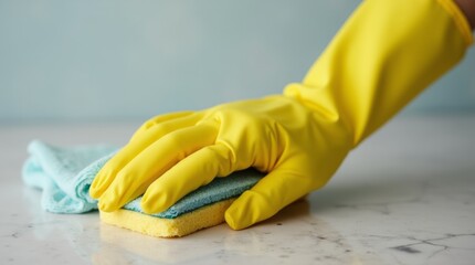 A close-up view of a hand wearing a bright cleaning glove, holding a sponge and ready to scrub a surface, emphasizing the importance of cleanliness and protection during cleaning tasks.