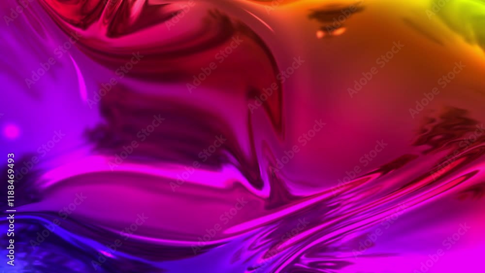 Poster animated metalic rainbow color gradient on fabric with folds in 4k. 3d render of wavy cloth surface 
