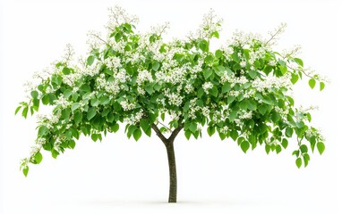 A linden tree with small fragrant blossoms and heart-shaped leaves isolated on a pristine white surface