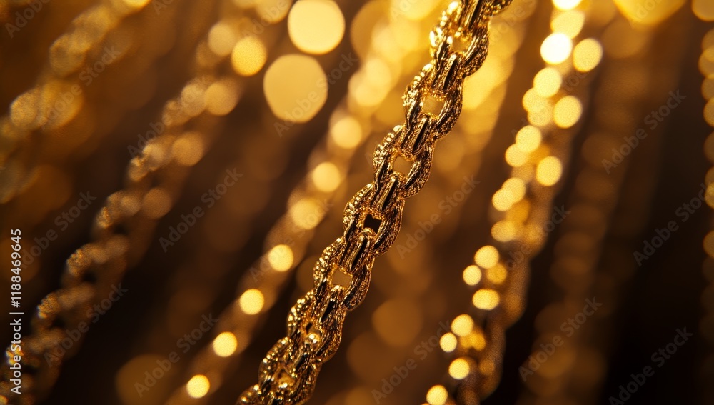 Poster close-up of shimmering gold chains against a bokeh background.
