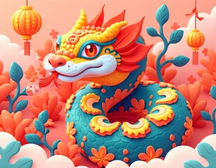 Dragon-Inspired Snake Figure with Ornamental Details and Lanterns for Lunar New Year