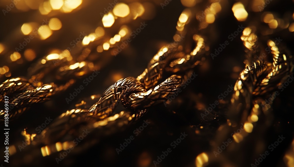 Poster close-up of intertwined gold chains, luxurious texture and bokeh lights.
