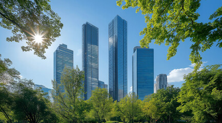 Business buildings surrounded by nature, representing corporate ESG and environmental sustainability themes.
