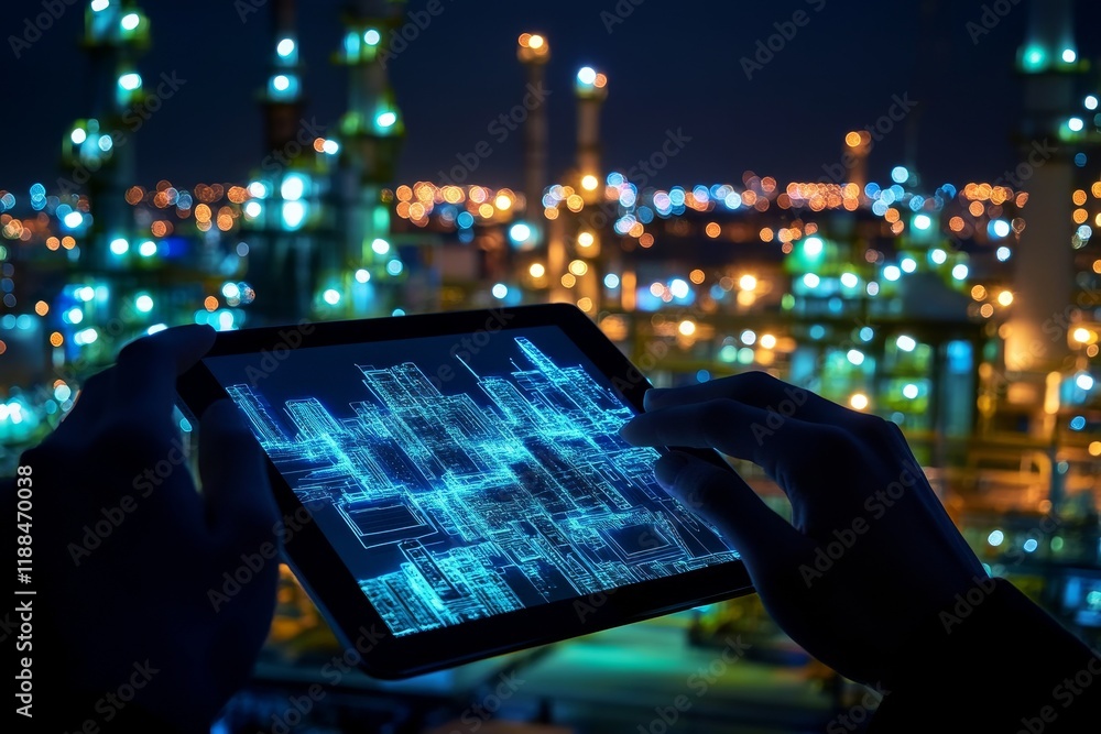 Poster night view of refinery with person using tablet showing digital data.