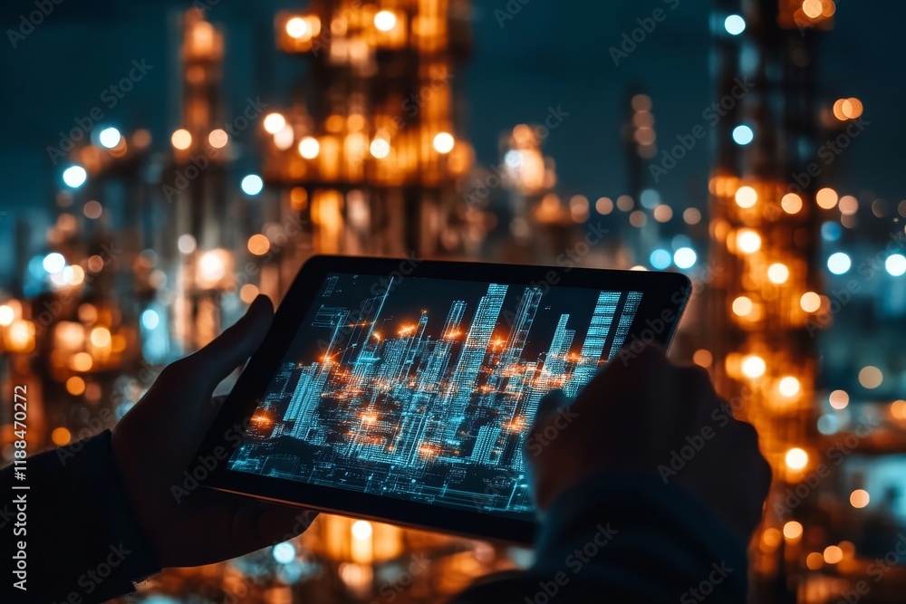 Fototapete Night view of refinery with person using tablet displaying data.