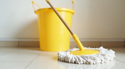 A vibrant image of a mop and bucket set against a clean, tiled floor, showcasing the essential tools for maintaining cleanliness in a home environment, with a focus on their bright colors and function