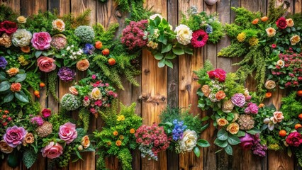 Antique-inspired artificial flower wall with lush greenery and colorful blooms against a distressed wooden backdrop, garden wall decoration , home decor accessories