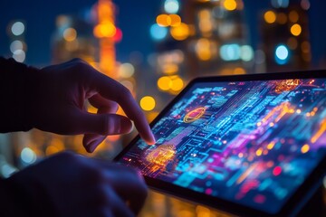 Person using tablet showing digital data at night.