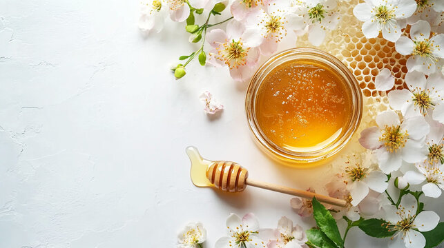 Jar of golden honey with a honey dipper, honeycomb, and blooming white flowers on a light textured surface. Copy space