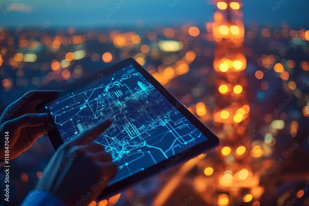 Poster Person using tablet displaying city map at night.