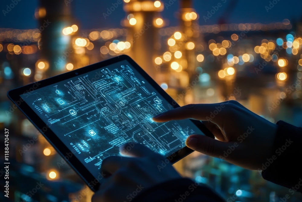 Poster Night view of refinery; person using tablet displaying digital schematic.