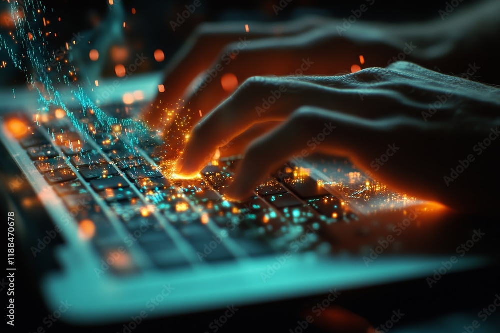 Poster Hands typing on laptop keyboard with glowing sparks.