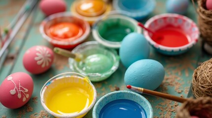 A vibrant scene of colorful egg dyeing, featuring a variety of dyed eggs in different hues, surrounded by bowls of dye, brushes, and tools, capturing the fun and creativity of the Easter tradition