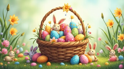 A whimsical illustration of an Easter basket overflowing with colorful eggs, candy, and plush toys, set in a vibrant garden, capturing the playful spirit and excitement of Easter celebrations.