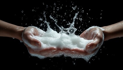 Hands cupping cleansing foam with splashing water against black background.
