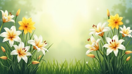 An artistic illustration of Easter lilies in a garden setting, with multiple blooms and lush greenery, symbolizing the beauty and renewal of the Easter season, perfect for spring-themed decor