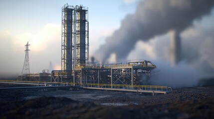 Obraz premium Industrial Complex: A Steel Giant Under a Smoky Sky