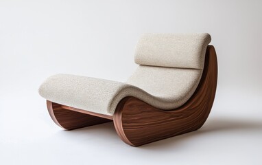 A minimalist lounge chair with a curved wooden frame and soft cushion on a pristine white surface