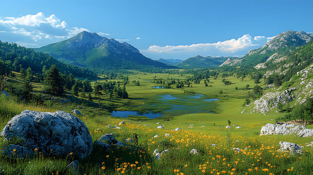 A panoramic view of Bosnia and Herzegovina natural landscapes with the flag flying proudly
