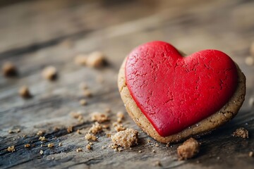 Fototapeta premium Detailed capture of a red heart-shaped cookie on a rustic caf?(C) table, with crumbs around it to highlight a sweet snack.