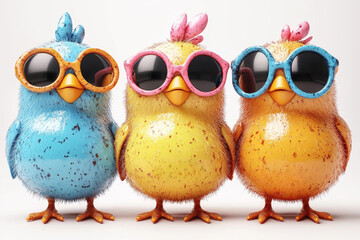Three chicks in colorful sunglasses stand side-by-side.