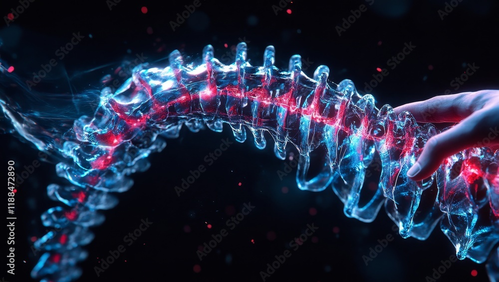 Poster hand interacting with glowing translucent spine.