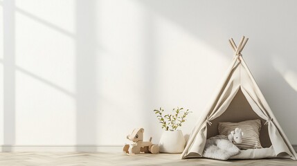 Playful kids' room interior with teepee tent, toys, and sunlight.