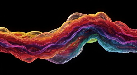 Fototapeta premium Abstract Rainbow Flow: A vibrant, abstract image showcasing a flowing stream of colorful threads, creating a dynamic and mesmerizing display. The iridescent hues dance across the dark background.
